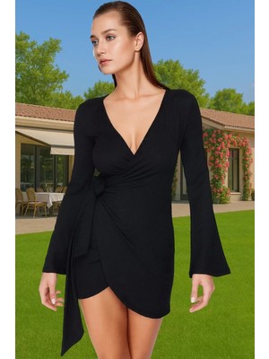 Kadın Krep Dokuma Uzun Kollu Mini Elbise Bağlamalı V Yaka Plaj Rahat Kullanım Mükemmel Uyum