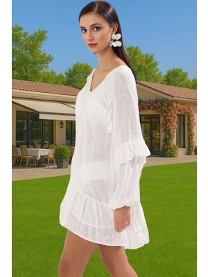 Yazlık Kadın Mini Plaj Elbisesi Pamuklu Viskoz Dokuma Volanlı Özel Tasarım Günlük Kullanım Için