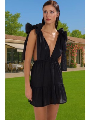 Çizgili Mini Pamuklu Plaj Elbisesi V Yaka Bağcıklı Yazlık Profesyonel Görünüm Rahat ve Şık