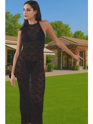 Kadın Maxi Boy Triko Plaj Elbise Halter Yaka Yazlık Şık Modern Stil Dayanıklı Malzeme