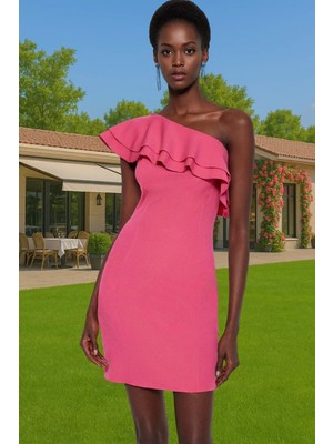 Tek Omuz Volanlı Mini Abiye Elbise Dokuma Finike Yazlık Kokteyl Günlük Kullanım Için Premium Kalite