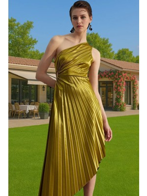 Asimetrik Yaka Tek Omuz Pilise Elbise Saten Örme Midi Boy Profesyonel Görünüm Dayanıklı Malzeme