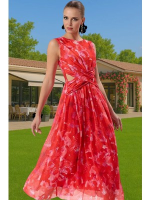 A Kesim Çiçek Desenli Tül Abiye Elbise Belden Açılan Etek Detaylı Şık Görünüm Modern Stil