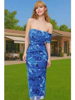 Tek Omuzlu Midi Boy Örme Tül Abiye Elbise Çiçek Desenli Yazlık Kaliteli Işçilik Günlük Kullanım Için