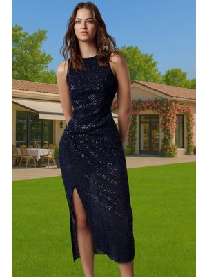 Şık Parıltılı Pullu Örme Abiye Elbise Halter Yaka Midi Boy Özel Tasarım Trend Tasarım Mükemmel Uyum