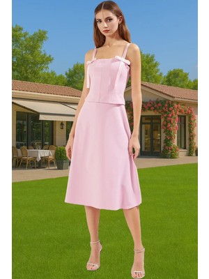 Kadın A Kesim Fiyonk Detaylı Midi Elbise Dokuma Yazlık Mezuniyet Modern Stil Rahat ve Şık