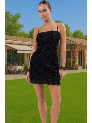 Şık Abiye Elbise 3 Boyutlu Gül Aplike Detaylı Mini Boy Polyester Yazlık Mükemmel Uyum Yüksek Kalite