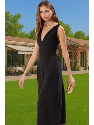 A Kesim V Yaka Midi Dokuma Abiye Elbise Polyester Karışımlı Özenle Seçilmiş Uzun Ömürlü Şık Görünüm