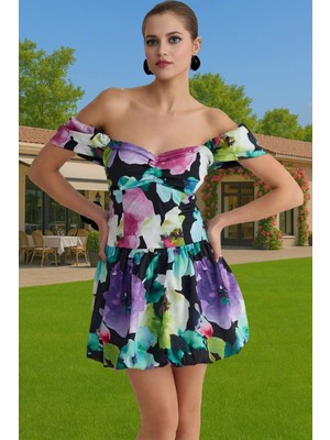 Şık Çiçekli Poplin Mini Elbise Yazlık Balo Mezuniyet Modern Stil Seçkin Malzeme Premium Kalite