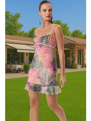 Soyut Desenli Volan Detaylı Mini Tül Abiye Elbise Dayanıklı Malzeme Kaliteli Işçilik