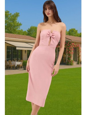 Şık Midi Boy Straplez Fiyonklu Abiye Elbise Dokuma Kumaştan Günlük Kullanım Için Özel Tasarım