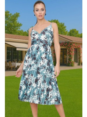 Pileli Midi Elbise Polyester Örme Yazlık Günlük Şık Özenle Seçilmiş Modern Stil Zarifane Tasarım