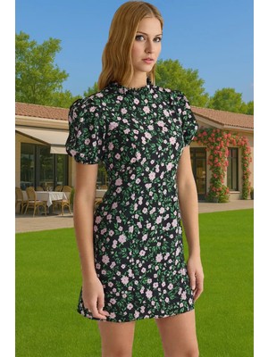 Çiçekli A Kesim Mini Elbise Polyester Moss Krep Yazlık Günlük Konforlu Kesim Şık Görünüm