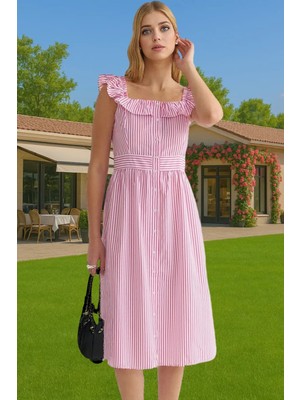 Yazlık Çizgili Midi Gömlek Elbise Pamuklu Polyester Günlük Stil Konforlu Kesim Şık Görünüm