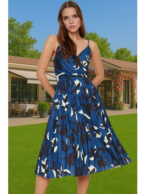 Pileli Midi Elbise Polyester Örme Yazlık Günlük Şık Özenle Seçilmiş Modern Stil Zarifane Tasarım