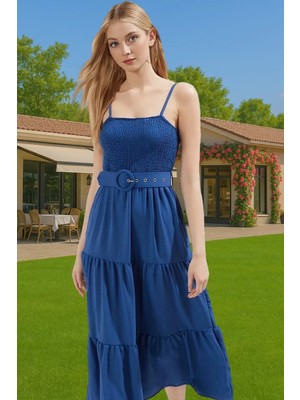 Kadın Midi Boy Askılı Pileli Bel Kemerli Polyester Günlük Elbise Profesyonel Görünüm Özenle Seçilmiş