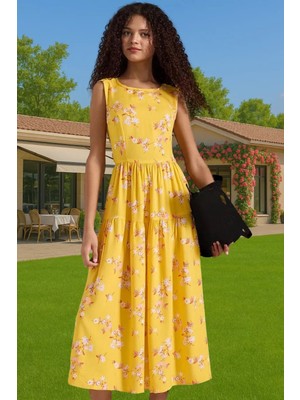 Yazlık Çiçekli Desenli Midi Skater Elbise Viskoz Kumaş Günlük Yüksek Kalite Özenle Seçilmiş