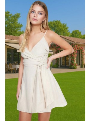 Yazlık Mini Pamuklu Keten Elbise V Yaka Askılı Bel Kuşağı Günlük Premium Kalite Modern Stil