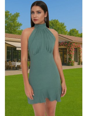 Kadın Halter Yaka A Kesim Mini Elbise Aerobin Dokuma Yazlık Günlük Seçkin Malzeme Rahat Kullanım