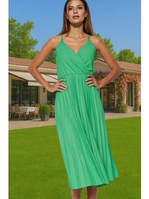 Pileli Midi Elbise Polyester Örme Yazlık Günlük Şık Özenle Seçilmiş Modern Stil Zarifane Tasarım