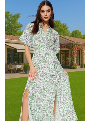 Maxi Çiçek Desenli Viskon Gömlek Elbise Kuşaklı Yazlık Günlük Premium Kalite Özenle Seçilmiş