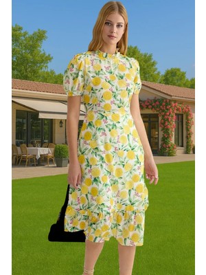 A Kesim Midi Boy Fırfırlı Çiçekli Dokuma Elbise Yazlık Günlük Profesyonel Görünüm Yüksek Kalite