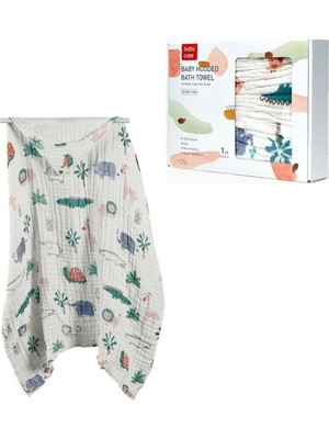 Baby Care Kafue Ormanı Bebek Kapşonlu Banyo Havlusu, 6 Katlı Muslin, Hızlı Kurur
