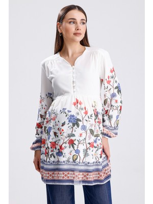 Katlin Maternity Hamile Çiçek Desen İç Astarli Şifon Bluz Yaka Düğme Detaylı Emzirme İçin