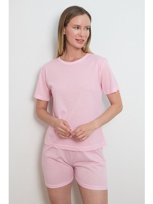 Ince Çizgili Bisiklet Yaka Şortlu Pijama Takımı