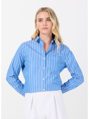 Marie Marot Normal Gömlek Yaka Çizgili Mavi Kadın Gömlek Nana