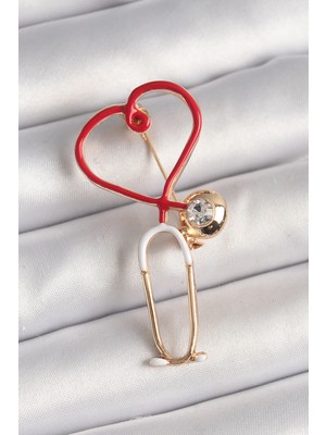 Tokay Pirinç Gold Renk Kırmızı Steteskop Model Zirkon Taş Detay Kadın Broş - TJ-BR417