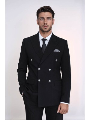 Gümüş Düğmeli Slim Fit Kruvaze Siyah Erkek Takım Elbise – Wessi