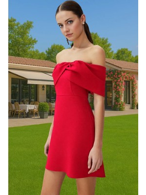 Kadın Carmen Yaka Kısa Elbise Dokuma Finike Kumaş Yazlık Mezuniyet Elbisesi Profesyonel Görünüm