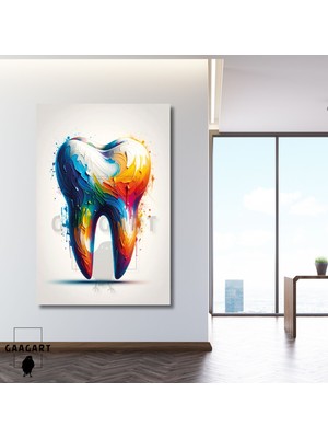 Tekli Dikey Kanvas Diş Poliklinik Tablosu Boyaları Sıçramış Renkli Diş