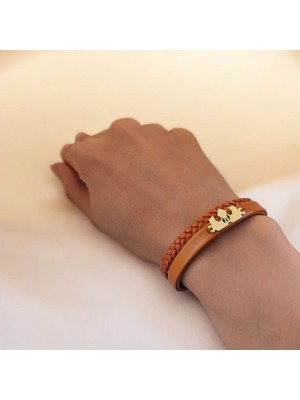 Archin Aile Temalı Kahverengi Derili Taç Motifli 14 Ayar Altın Plakalı Hediye Bileklik-491 Sembol