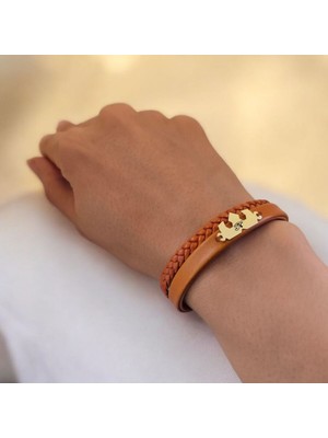 Archin Şans Temalı Kahverengi Derili Taç Motifli 14 Ayar Altın Plakalı Hediye Bileklik-491 Sembol