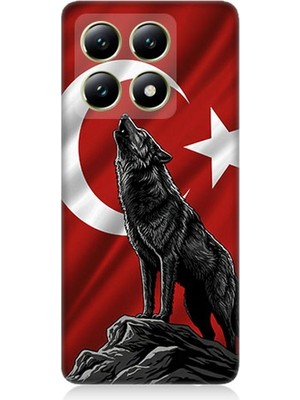 Xiaomi 14T Pro Uyumlu Bayrak Önünde Uluyan Kurt  Desenli Silikon Kılıf