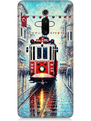 Xiaomi Mi 9t Uyumlu Yağmurlu Sokakta Kırmızı Tramvay  Desenli Silikon Kılıf