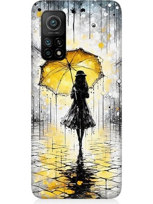 Xiaomi Mi 10T Pro Uyumlu Yağmurda Sarı Şemsiye Altında  Desenli Silikon Kılıf