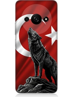 Xiaomi Redmi A3 Uyumlu Bayrak Önünde Uluyan Kurt  Desenli Silikon Kılıf