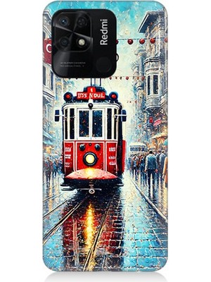 Xiaomi Redmi 10C Uyumlu Yağmurlu Sokakta Kırmızı Tramvay  Desenli Silikon Kılıf