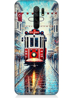 Xiaomi Redmi 9 Uyumlu Yağmurlu Sokakta Kırmızı Tramvay  Desenli Silikon Kılıf