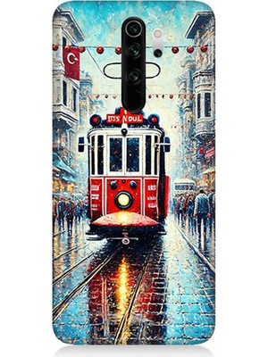 Xiaomi Redmi Note 8 Pro Uyumlu Yağmurlu Sokakta Kırmızı Tramvay  Desenli Silikon Kılıf