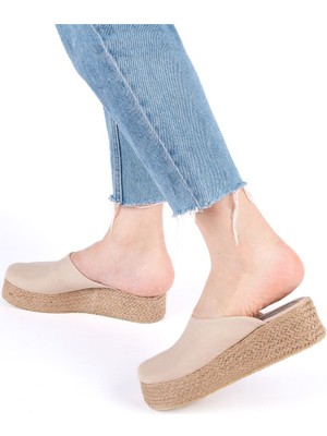 Gerçek Elişi Platformlu Burnu Kapalı Elişi Hasır Keten 5cm Topuk Sabo Terlik Handmade