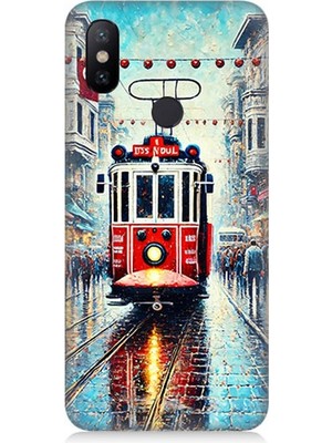 Xiaomi Redmi Note 5 Pro Uyumlu Yağmurlu Sokakta Kırmızı Tramvay  Desenli Silikon Kılıf