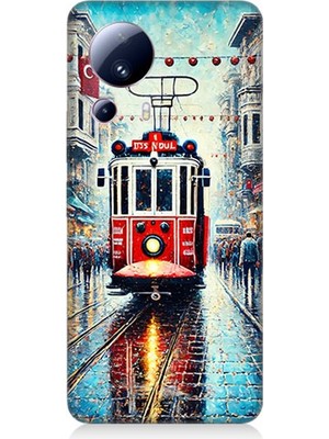 Xiaomi Mi 13 Lite Uyumlu Yağmurlu Sokakta Kırmızı Tramvay  Desenli Silikon Kılıf