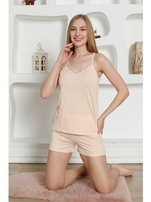 Monox Kadın Dantel Yaka Ip Askılı Atlet ve Şortlu Pijama Takımı