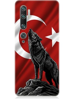 Xiaomi Mi Note 10 Uyumlu Bayrak Önünde Uluyan Kurt  Desenli Silikon Kılıf