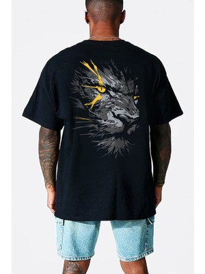 Sarı Gözlü Arslan Siyah Arka Baskılı Oversize Erkek T-Shirt
