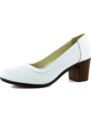 Erkan Saçmacı Sarah Beyaz Hakiki Dana Derisi Delik Detaylı Kalın Topuklu Günlük Klasik Ayakkabı
